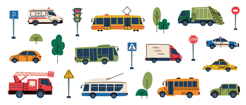 City transport set in bright kids style with vehicles, road signs and trees. Flat cartoon vector illustration for education, traffic safety learning, kids books, posters, apps, playful urban theme