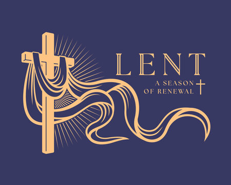 Lent a senson of renewal - Gold Cross with fabric hanging and fluttering in the wind on purple background vector design