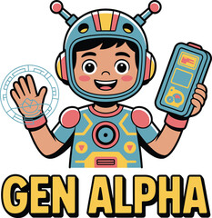 Gen Alpha vector cartoon with futuristic helmet, tech suit, handheld device, hologram interface, and bold yellow text