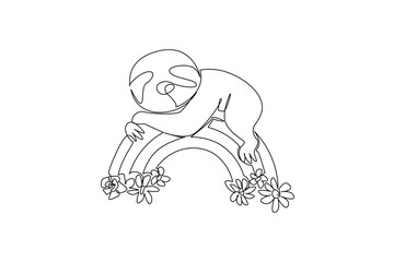 Obraz premium Single line drawing of sweet and slow moving sloth resting gracefully on top of a rainbow arc decorated with blooming flowers. Nature concept for cute jungle animal, ideal for nursery wall art