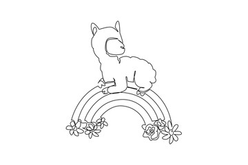Obraz premium Continuous line draw of fluffy lovable alpaca napping peacefully on a rainbow arc decorated with blooming flowers. Nature concept for cute farm animal, unique for nursery prints and kids room decor