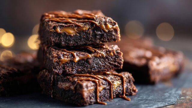 Stack of fudgy chocolate brownies drizzled with caramel. Concept Dessert Photography, Chocolate Brownies, Caramel Drizzle, Rich Fudgy Texture, Food Styling