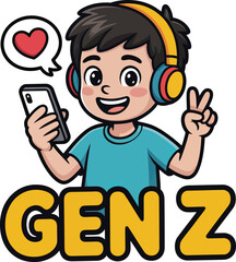  Gen Z vector cartoon with colorful headphones, blue shirt, smartphone, peace sign, heart bubble, and bold yellow text.
