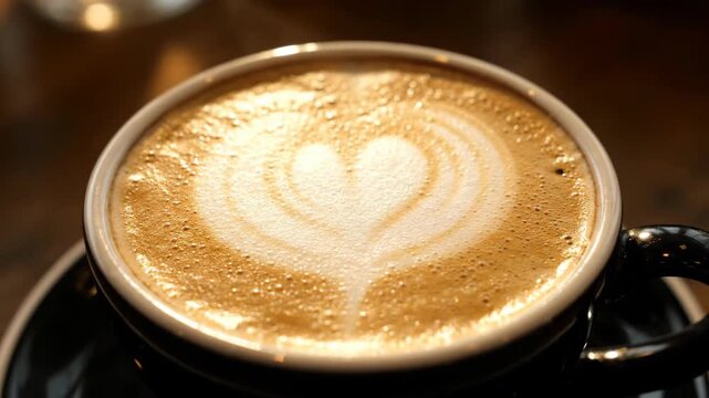 A warm inviting cup of latte art features a delicate heart design This creamy beverage promises a comforting and delightful coffee experience perfect for any time