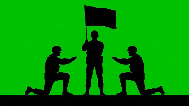 Leader Standing with Kneeling Supporters Holding Flag.