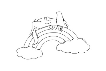 Fototapeta premium Single line drawing of playful wild horse lounging gracefully in supine position atop rainbow arc, with fluffy soft cloud. nature concept farm animal theme, ideal for nursery print and kids room decor