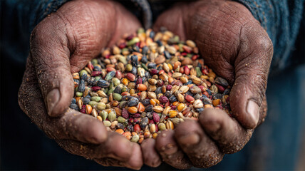 Weathered Farmer Hands Holding Colorful Mixed Beans And Lentils Seeds Symbol Of Agriculture Harvest And Manual Labor
