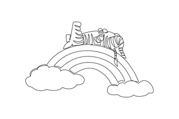 Fototapeta premium One line drawing of cute adorable zebra sleeping in a supine position on the rainbow. Unique artwork, wild mammal resting above the clouds. Nature concept wildlife animal for kids nursery decor