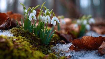 Macro Close Up Of White Snowdrop Flowers Growing Among Autumn Leaves And Moss With Soft Bokeh Background