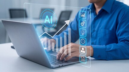 Man working on laptop with floating AI interface, showing growth chart and business icons, representing data analysis and future technology.