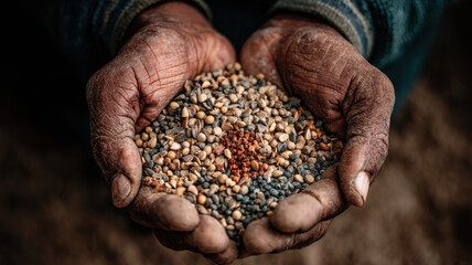 Weathered Farmer Hands Holding Colorful Mixed Beans And Lentils Seeds Symbol Of Agriculture Harvest And Manual Labor