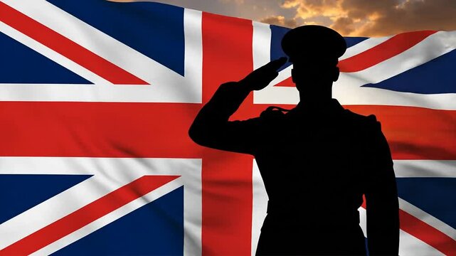 Silhouette of Soldier Saluting British Flag.