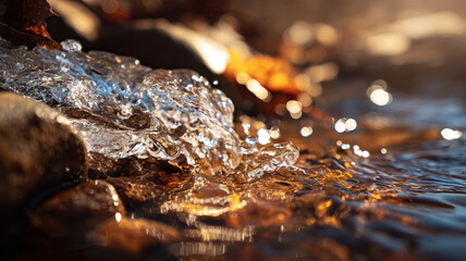 Название (15 слов):
Macro Close Up Of Fresh Spring Stream Water With Sparkling Droplets And Sunlight Reflections Among Rocks Background