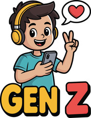 Gen Z vector cartoon with yellow headphones, teal shirt, smartphone, peace sign, heart bubble, and bold colorful text.