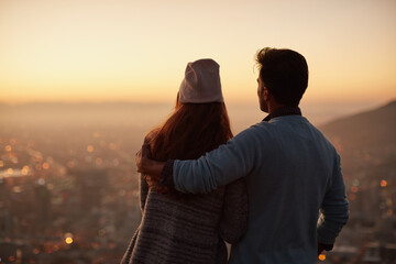 Back, sunset and couple with love, hug and romantic view with break, Valentines day and calm....