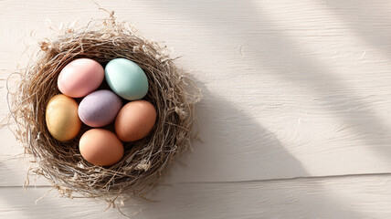 Minimalist Easter Nest With Five Pastel Colored Eggs On Light Wooden Background Soft Natural Light Scandinavian Style