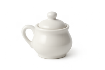 White ceramic sugar bowl with lid and handle