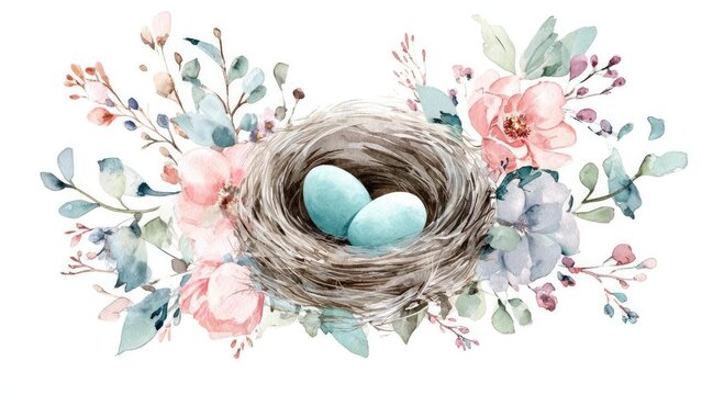 A bird's nest with two blue eggs, surrounded by pastel watercolor flowers. Concept Bird's nest, Two blue eggs, Pastel watercolor flowers, Nature photography, Soft color palette