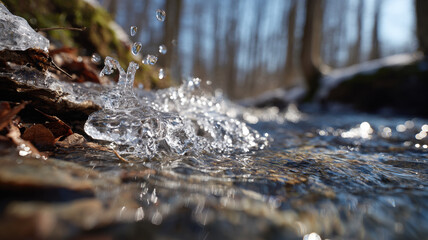 Название (15 слов):
Macro Close Up Of Fresh Spring Stream Water With Sparkling Droplets And Sunlight Reflections Among Rocks Background
