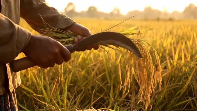 A farmer harvests golden ripe rice stalks by hand using a sickle in a sunlit field bathed in warm golden hour light creating a sense of abundance