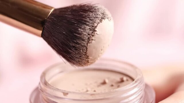 A makeup brush dips into a glass jar of loose powder The soft bristles pick up the light colored cosmetic This image evokes beauty and application