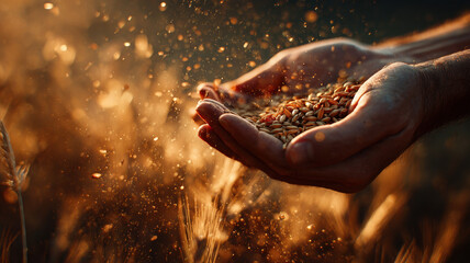 Poetic Hand Releasing Golden Seeds In Sunset Light Over Blurred Wheat Field With Atmospheric Particles And Bokeh