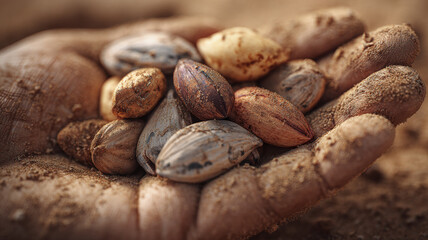 Macro Close Up Of Raw Cacao Cocoa Beans On Burlap Fabric Natural Texture Organic Product Sustainable Agriculture