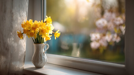 Spring Daffodils In White Ceramic Pitcher On Window Sill With Soft Natural Light And Blurred Blooming Trees