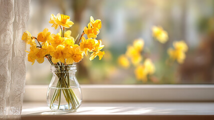 Spring Daffodils In White Ceramic Pitcher On Window Sill With Soft Natural Light And Blurred Blooming Trees