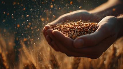 Cinematic Hand Pouring Golden Grains With Dramatic Backlight Flying Particles And Dust In Warm Atmospheric Sunlight