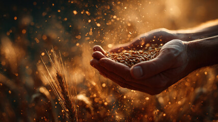 Cinematic Hand Pouring Golden Grains With Dramatic Backlight Flying Particles And Dust In Warm Atmospheric Sunlight