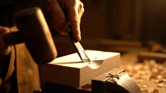 A craftsman diligently carves wood with a chisel and hammer creating intricate details and wood shavings flying creating a focused and warm atmosphere