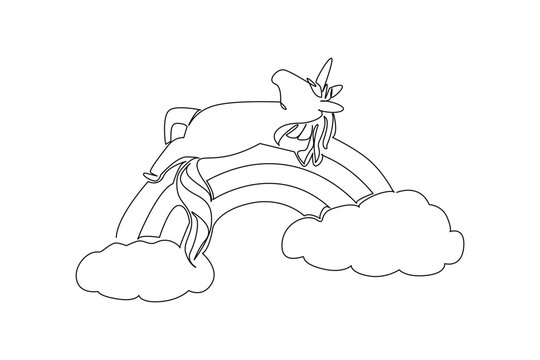 Continuous line draw of cute majestic magical mythical unicorn sleeping supine on a rainbow. Fantasy concept design captures a magic theme for princess parties. Minimalist art for kids birthday card