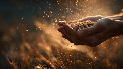 Cinematic Hand Pouring Golden Grains With Dramatic Backlight Flying Particles And Dust In Warm Atmospheric Sunlight