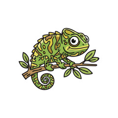 Cartoon green chameleon on tree branch