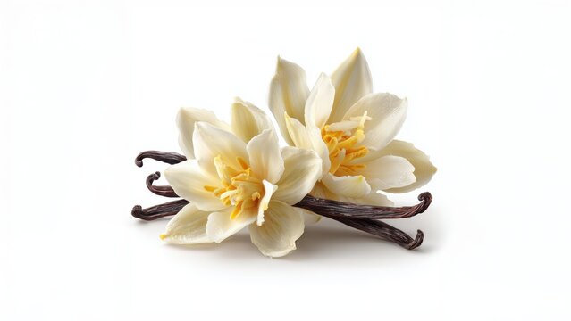 Vanilla orchid flower with vanilla pods on minimal white background