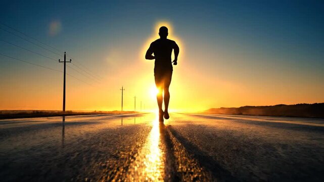 Dynamic silhouette of an athlete running on a sun-drenched road at dawn, capturing the essence of dedication, personal growth, and the pursuit of health and achievement