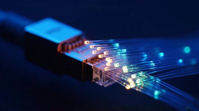 Illuminated fiber optic cables with blue and orange light, dark background.