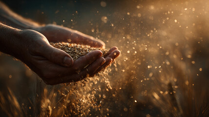 Dramatic Hands Pouring Golden Wheat Grains In Sunlight With Dust Particles And Atmospheric Backlight Harvest Scene