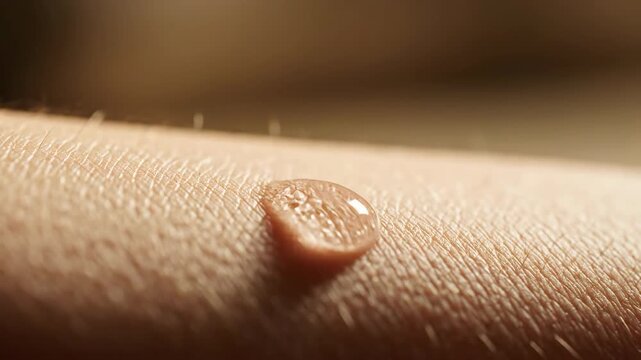 A close up macro shot reveals a single glistening water droplet on human skin The droplet reflects light creating a brilliant tiny sphere on textured arm