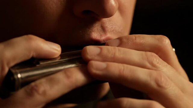 close up of a man playing a harmonica with his hands The lighting is dark and moody creating a dramatic effect