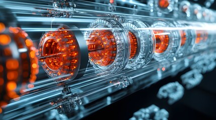 A futuristic high-tech machine with glowing orange circular components moving along a transparent track in a sleek industrial setting emphasizing precision engineering and advanced technology for