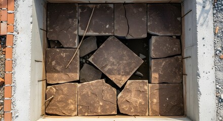 Broken dark brown stone tiles in a rectangular concrete frame with light gaps