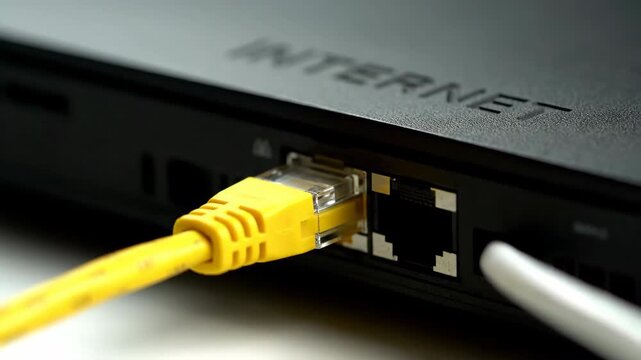 Yellow Ethernet cable plugged into a black router's internet port close up.