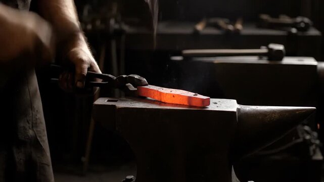 A blacksmith heats red metal with sparks flying as they hammer it on an anvil The intense work creates glowing tools