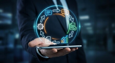 Businessman holding a tablet with a digital workflow cycle illustrating process automation and efficiency improvement in a modern workplace setting with various icons representing different stages 