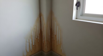 Brown water stains dripping down white interior corner near window frame