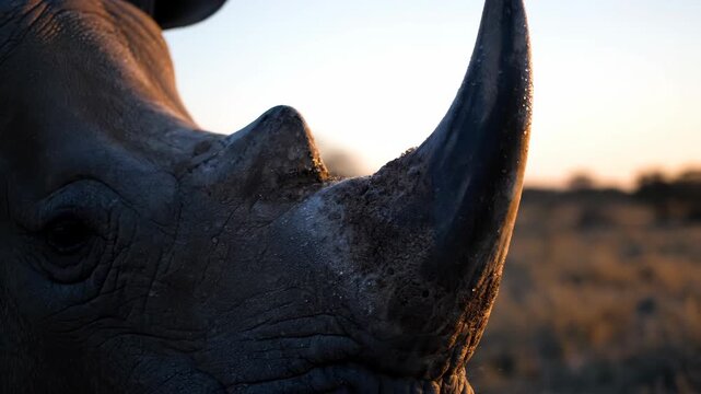 Close up portrait of a majestic rhinoceros s horn against a warm sunset The wild animal stands stoic in its natural savanna habitat