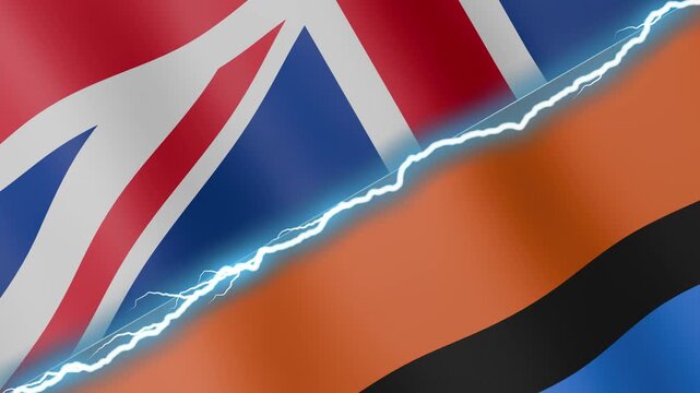 Two waving flags United Kingdom and Chagos with diagonal lightning seamless, 4k loop
