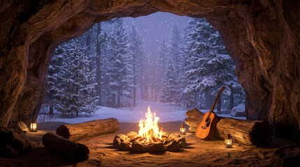 Snowy forest cave with a warm campfire, guitar, and lanterns, creating a magical winter camping and survival scene.